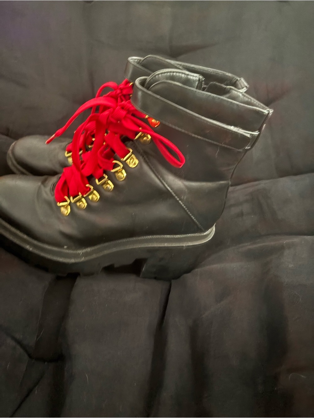 Women’s Black Leather Lace-Up Ankle Boots with Red Laces